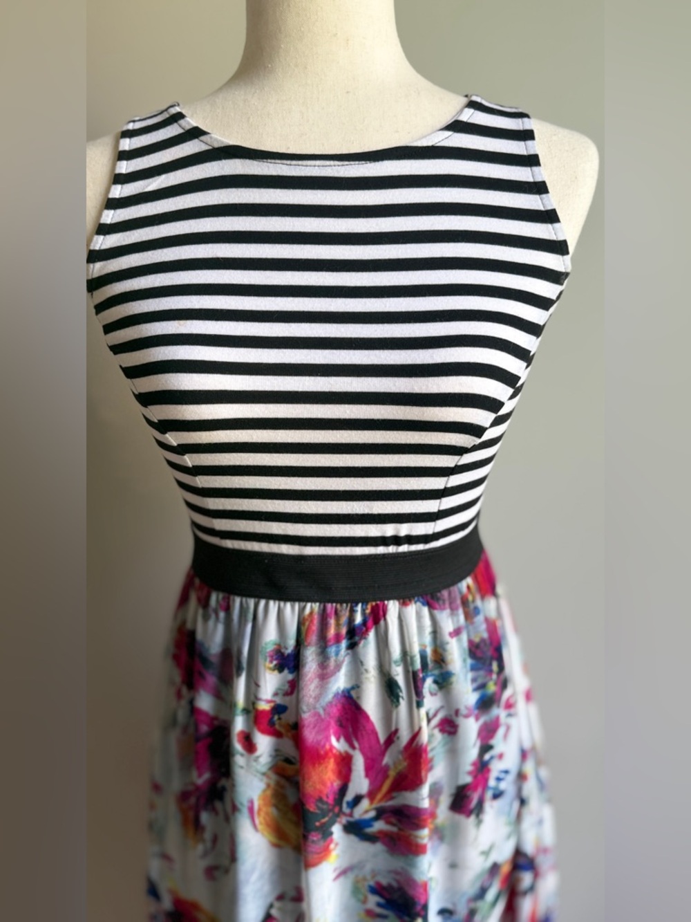 Xhilaration Black & White Striped Top Floral Sleeveless Maxi Dress - Picture 3 of 5